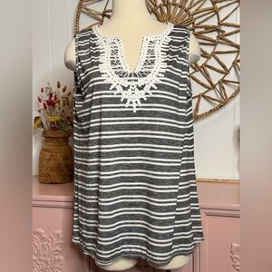 Max Studio Black‎ and White Striped Tank Top with Lace